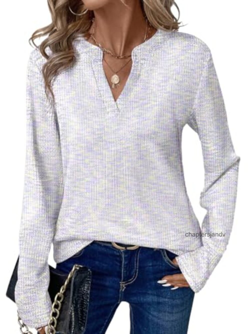 Dokotoo Waffle Knit V-Neck Long Sleeve Sweater Loose Fit Casual Top